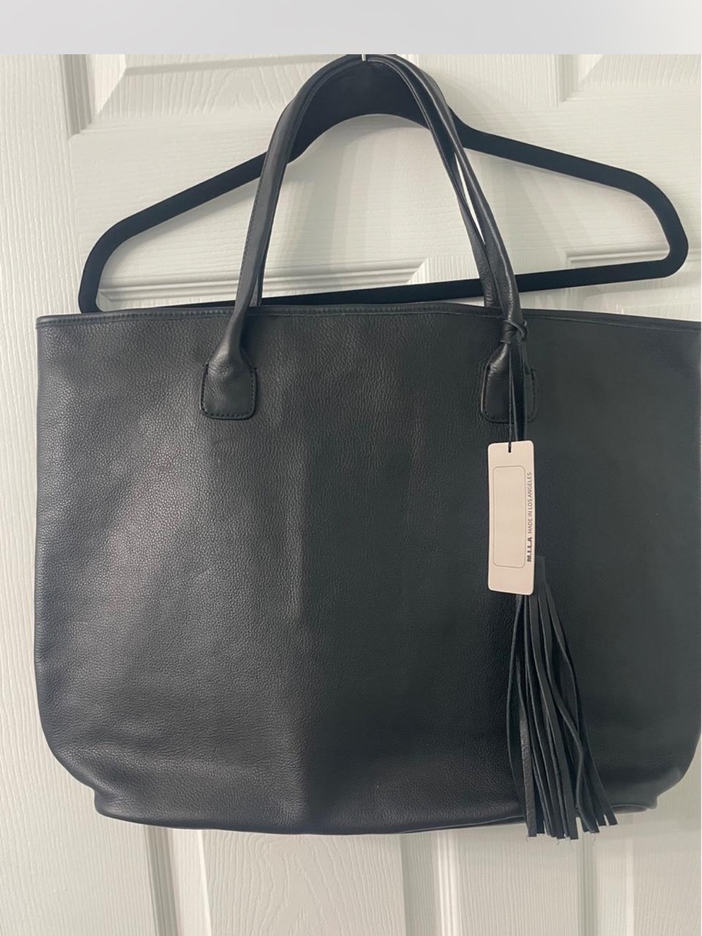 M.I.L.A. Black Leather Tote Bag with Tassel